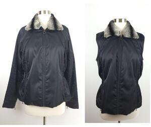 Etcetera Black Nylon Bomber Jacket Vest with Rabbit Fur Trim Collar Size 8